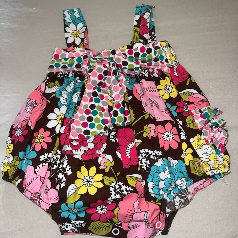 Natalie Grant floral Ruffle Romper Size 3m pink brown yellow